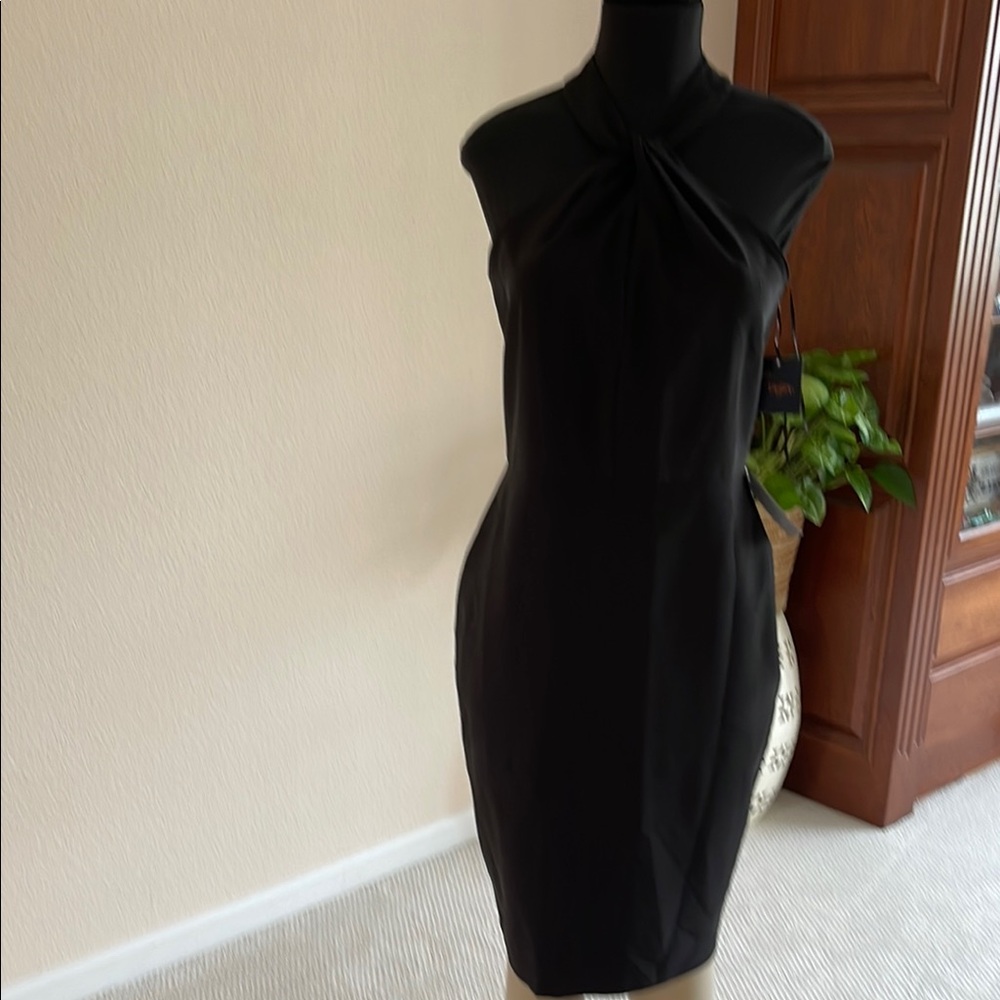 Just...Taylor Black Asymmetrical Halter Midi Dress